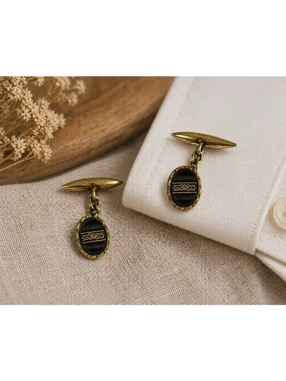 Vintage Gold Tone Cufflinks Black Oval Inlay Chain Link Retro Men’s Formal Jewel